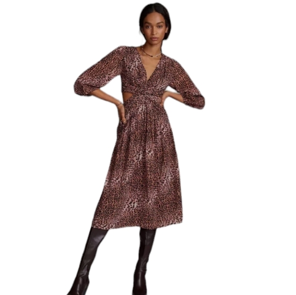 Anthropologie RANNA GILL Leopard Print Printed Cut-Out Midi Dress ~Small - Picture 1 of 7